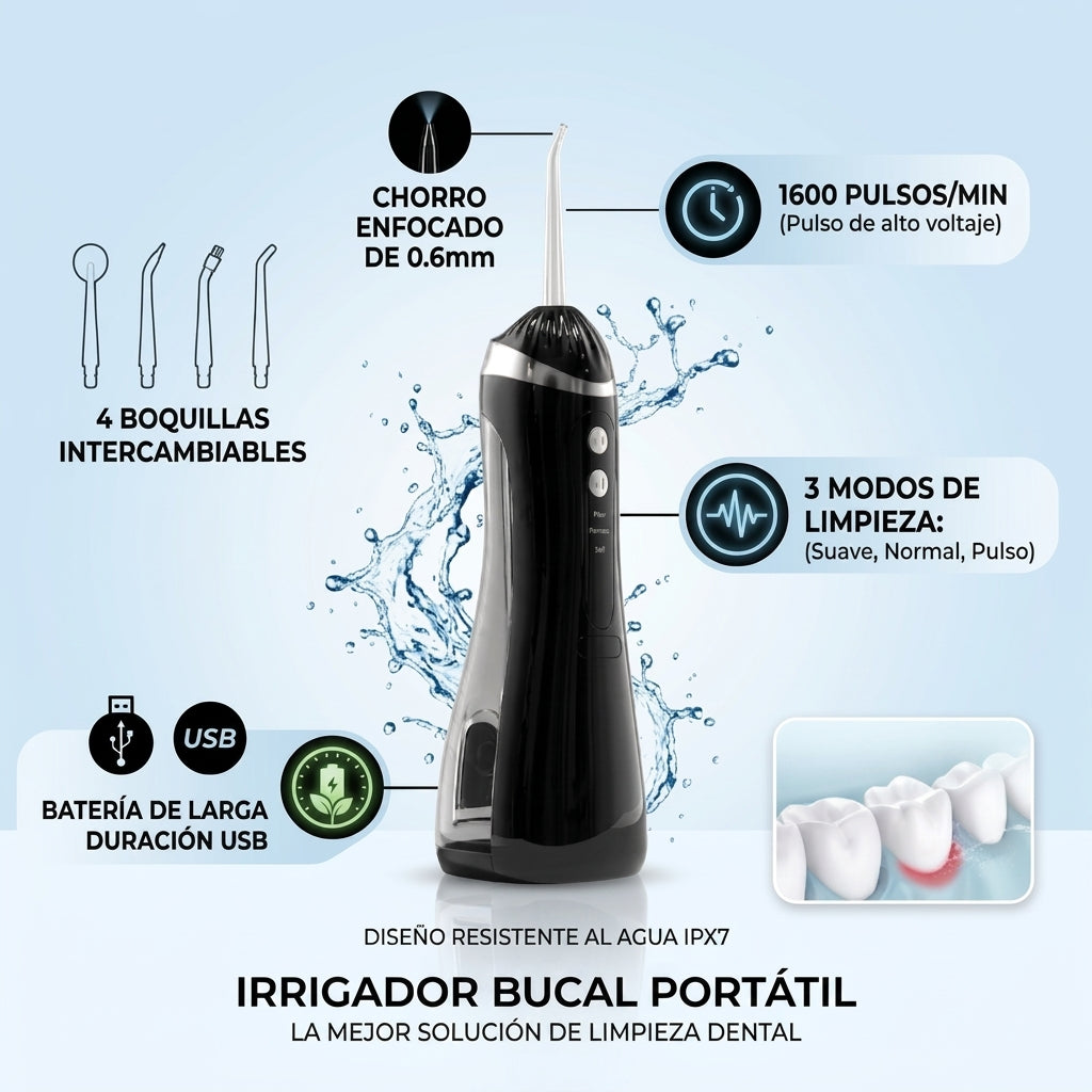 Irrigador Dental Portátil Recargable | Limpieza Profunda entre los Dientes, 3 Modos, Depósito 300 ml e IPX6